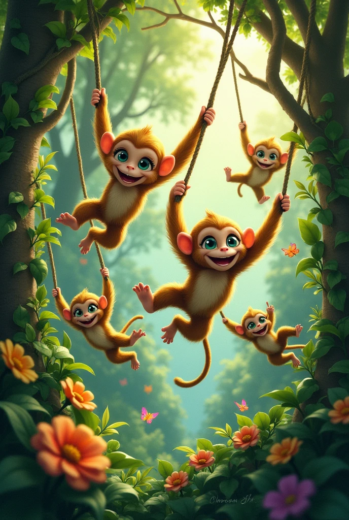 The monkeys swing, from tree to tree