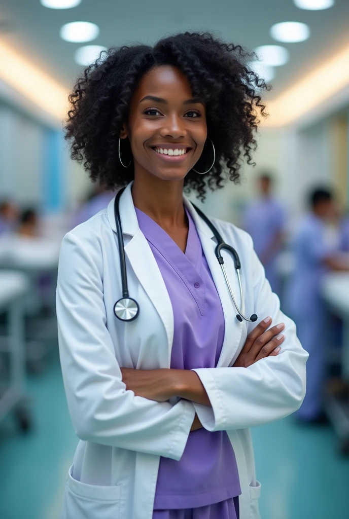 Dark-skinned doctor with clear, black hair, wearing her doctor's coat with a purple-lilac uniform.