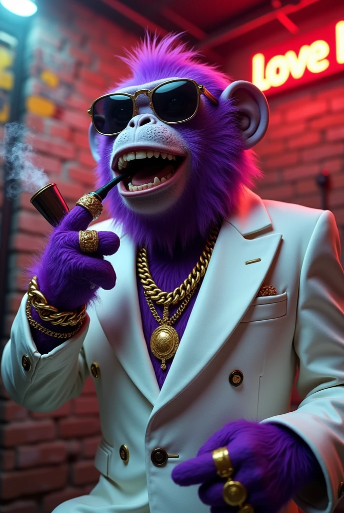 Purple simio wearing gold chains and rings, large , with sunglasses ,tattooed , in a white gangster suit , smiling with a pipe in hand