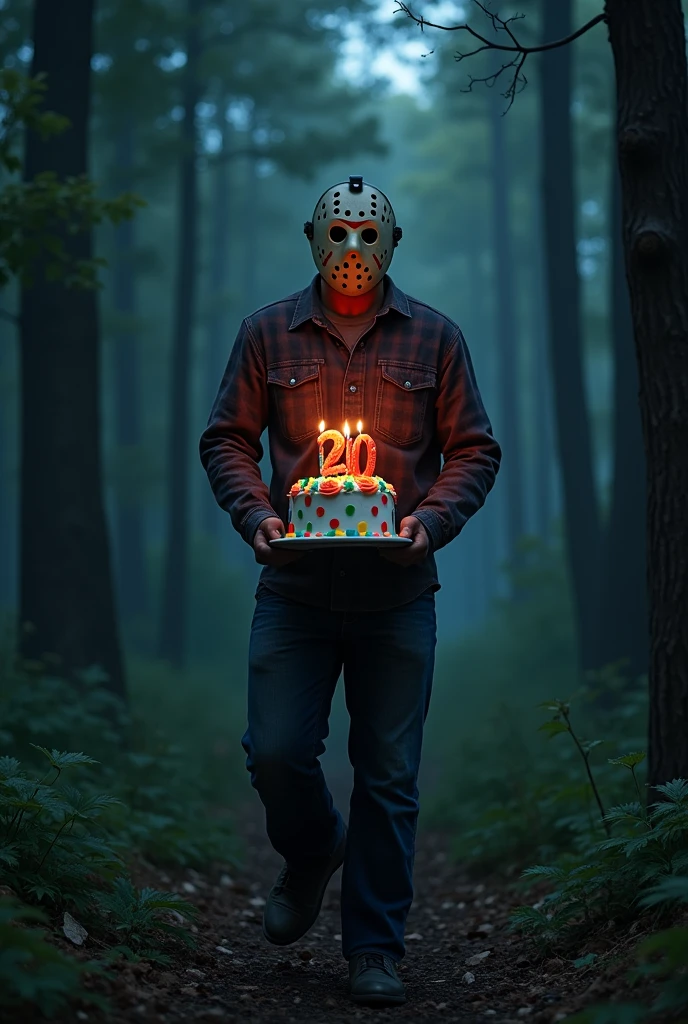 Jason Voorhees approaching me with a birthday cake with a candle that has the number 20