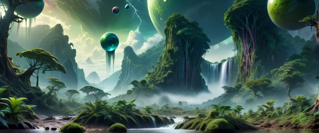 8k, photorealistic, fantasy art, beautiful and verdant forest on an alien planet, beautiful colours, floating spheres, colourful stormy sky, endless forests, endless mountains, vast waterfalls, mists, hdr, ultra detail