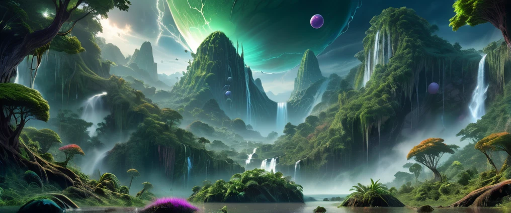 8k, photorealistic, fantasy art, beautiful and verdant forest on an alien planet, beautiful colours, floating spheres, colourful stormy sky, endless forests, endless mountains, vast waterfalls, mists, hdr, ultra detail