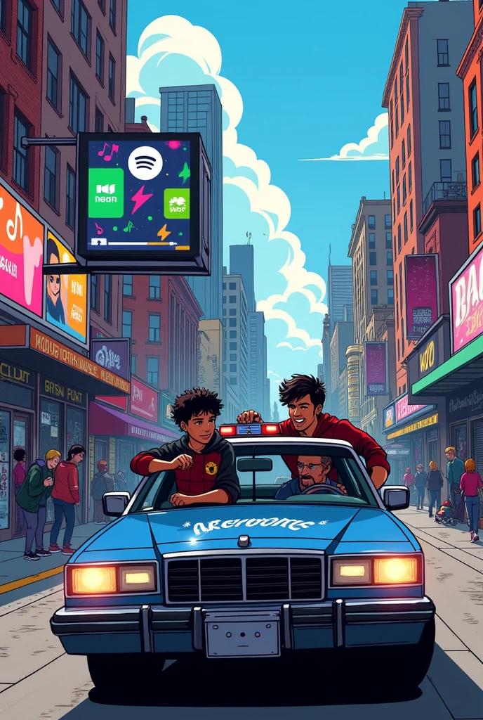 create a comic image. From the movie Spider-Verse. When his father, who is a police officer, and Miles Morales are on their way to school, they see an advertisement on the road for the new Spotify app..