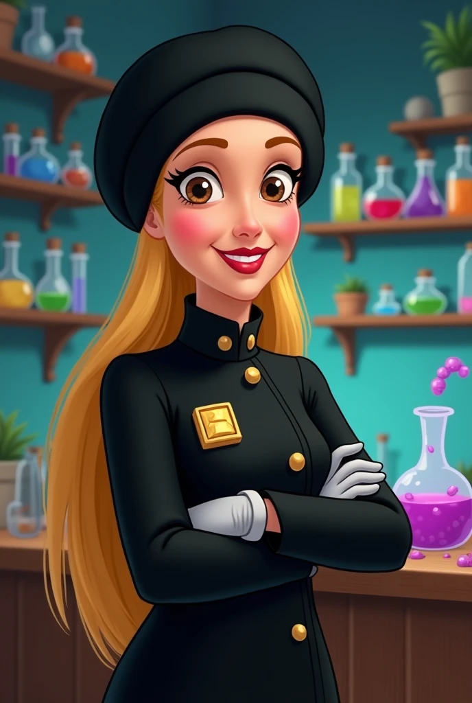 Make a Disney style drawing, professional in a black lab coat, rectangular golden brooch, with a black mouth mask and black gloves, straight blonde hair, comprido, eyes browns, wearing a black turban, natural round, Round face, chubby, mature woman in her 50s, with hands pointing to the right side