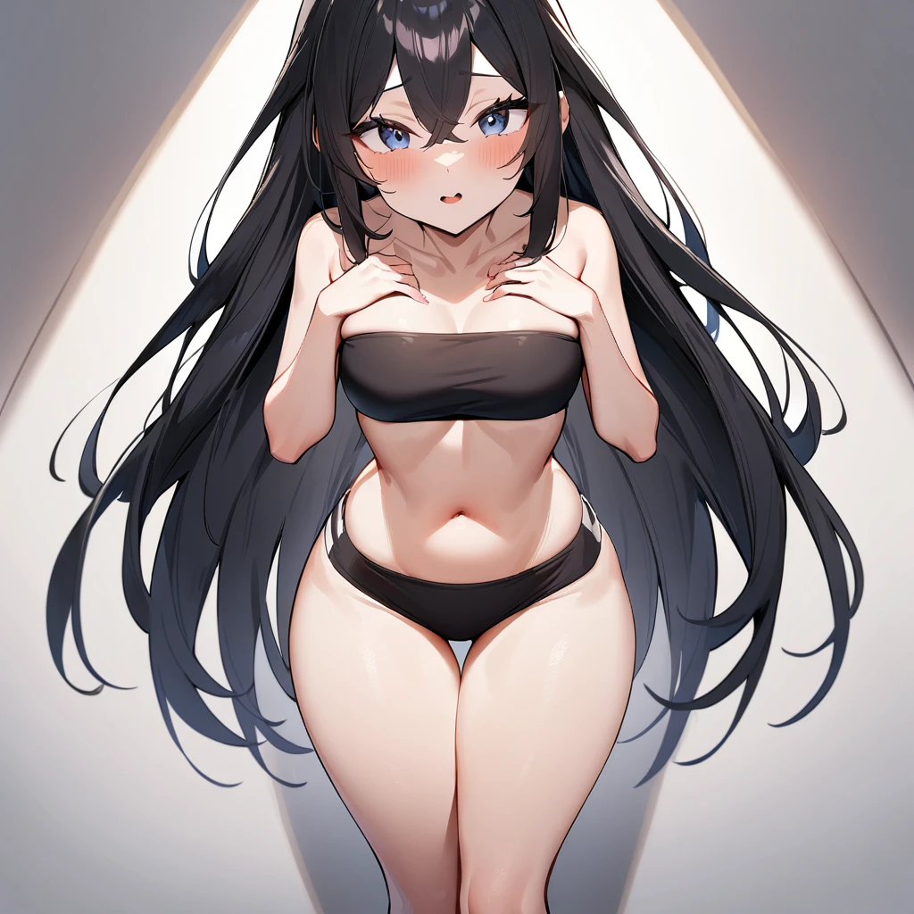 1girl,blackhair,Androgynous,long hair,(Curvy),masterpiece, best quality, very aesthetic, absurdres,strapless bikini,bandeauBikini,straight-on,dynamic angle,pov crotch