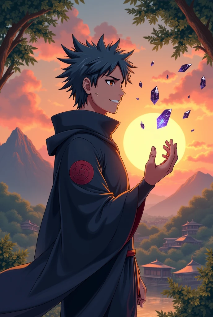 Naruto style art, friendly looking male with dark grey hair, controlling black crystals