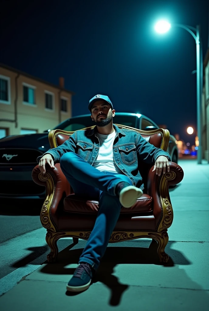 A man sits facing the camera in an armchair on the sidewalk with a black Mustang parked behind and a streetlight illuminating., The landscape is nocturnal
In open shot