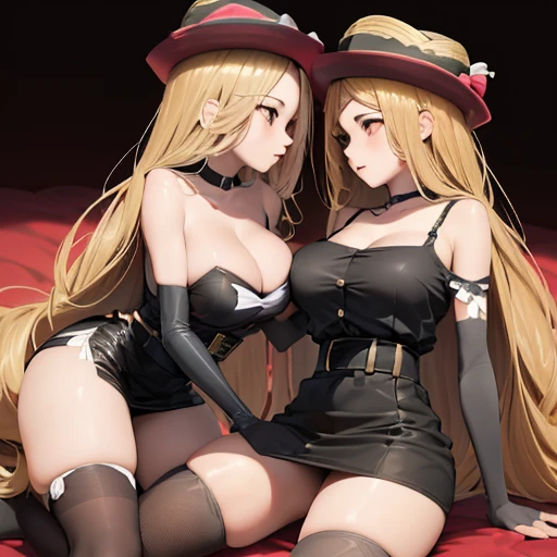 ((having hot lesbian sex in the bedroom. They are kissing, fondling, licking and with so much passion, these brunettes are so damn hot.)),thicc,(masterpiece, best quality:1.4), absurdres, highres, ultra detailed, beautiful, (secretary), (perfect face, detailed face, beautiful:1.3),(natural breasts, cleavage), collarbone, fingerless gloves, gloves,spaghetti strap top, black pencil skirt, tight, over the knee skirt, hat, elegant secretary outfit, thighhighs, thick thighs, thighs, multiple belts, More detailed 8K.motor irreal:1.4,UHD,La mejor calidad:1.4, fotorrealista:1.4, textura de la piel:1.4, obra maestra:1.8,obra-prima, mejor calidad,objeto Objeto], (detailed face features:1.3),(manos detailed)