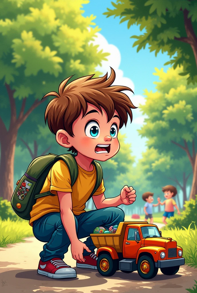 Two images, A comic book, an image of a child who found a toy that wasn&#39;t his and instead of returning it, he took it for himself and put it inside his bag. Represent this act of dishonesty in an image. Como A comic book de forma detalhada 

