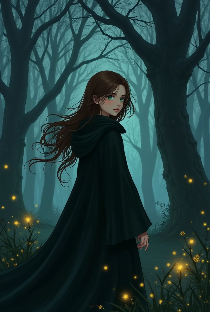 A brown-haired girl with a black anime cloak