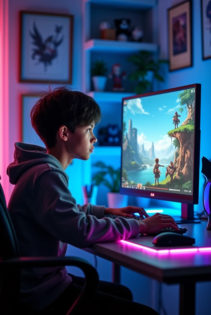 A dark brown haired teenager playing Genshin Impact on the computer