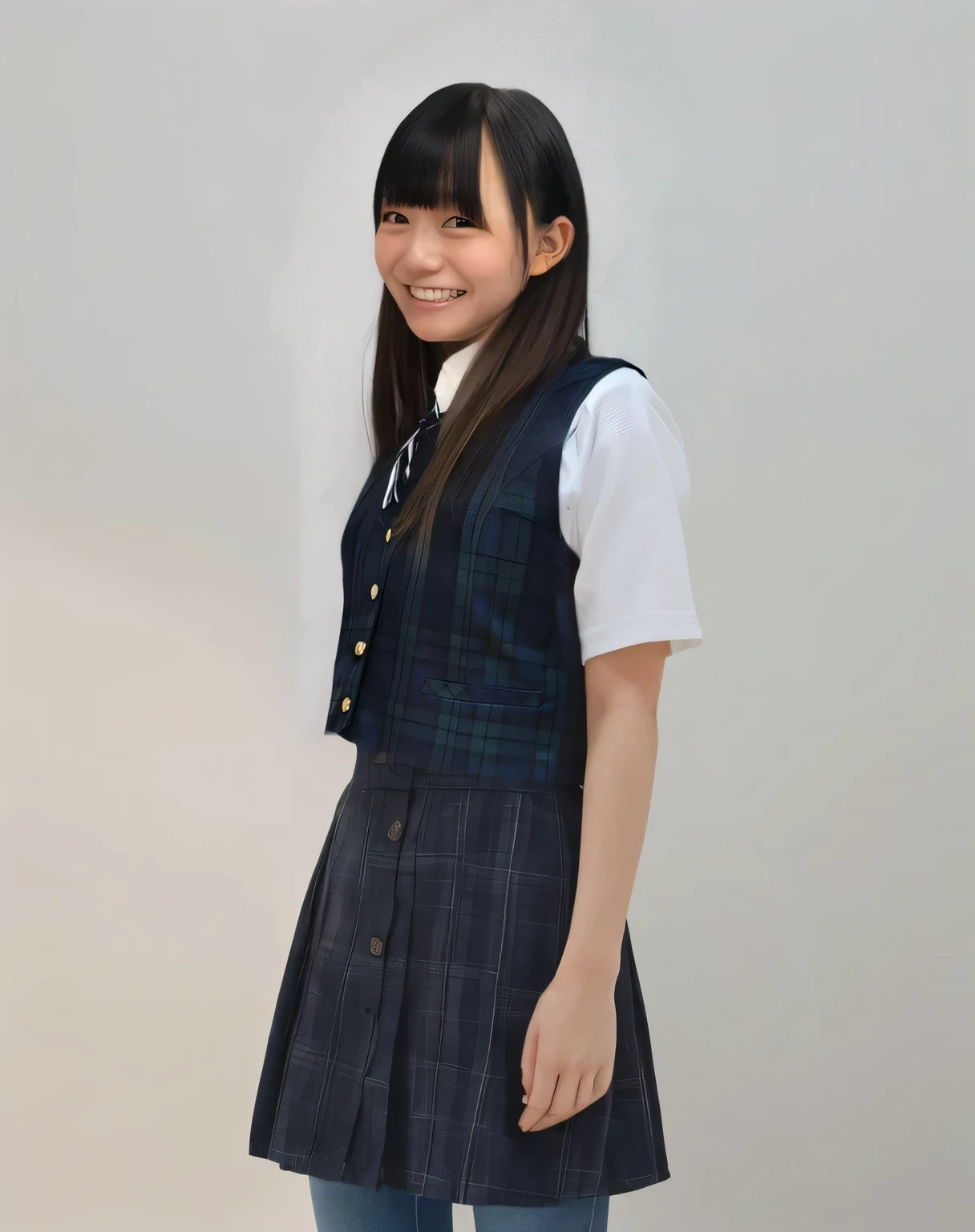 A shy -yeld elwith long black hair wearing a school uniform