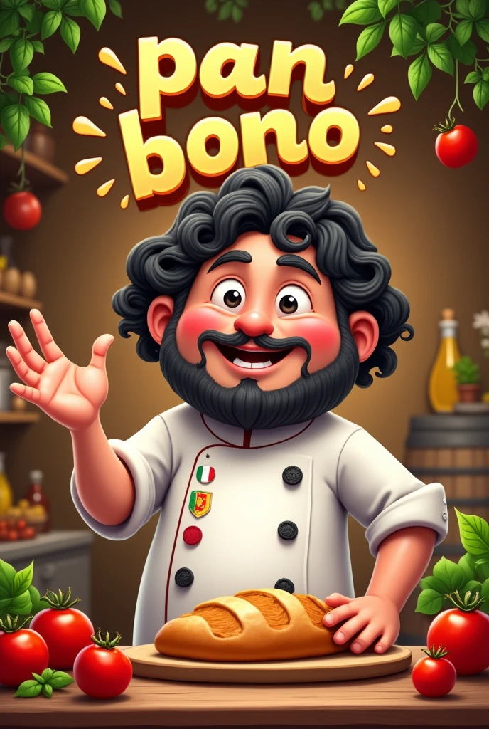 Create a logo with a smiling Italian chef making a hand gesture and saying 'pan bono'