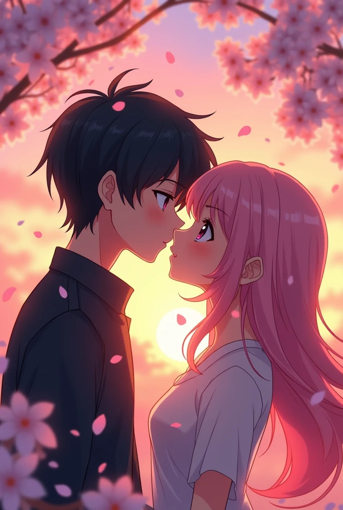 A black-haired boy with long hair and a pink-haired girl with long hair kissing in anime style