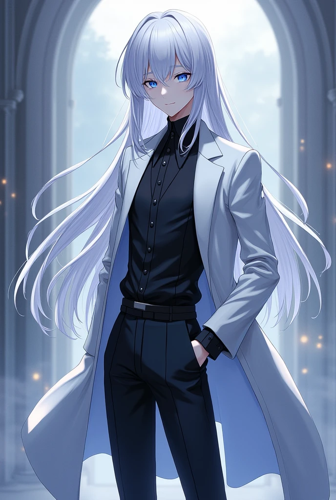 Tsuke is a tall man, pale skinned, blue eyes and long white hair with strands falling over her shoulders. His hair is parted in a fringe that covers his left eye and he always has a slight, gentle smile on his face.. He wears a black blouse, a white coat on top, black pants and black shoes. Tsuke's face is slightly feminine..