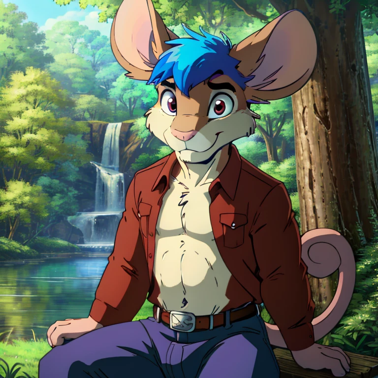 best quality, (masterpiece), (ultra detailed), (high quality), (high resolution), cartoon, tall handsome sexy brown rattata, strong abs, army tag, white and blue hair, brown rat tail, two tone brown fur, light brown fur, mouse ears, beautiful big mouse nose, beautiful detailed eyes, sitting, red flannel country shirt, black  jeans, nature, male, happy, brown fur, sexy body, 