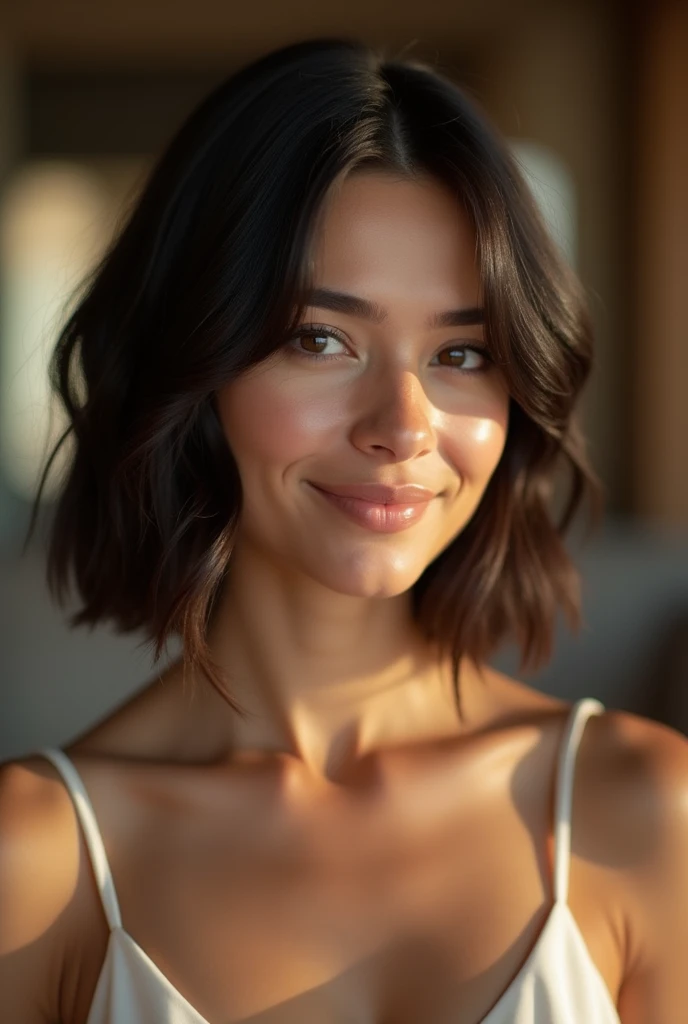 Isabela Merced, portrait photo, close-up of face, bob_cut hair, smiling seductively, (skin texture:1.1), (high detail face:1.1),high detail body, high detail clothes, (masterpiece), (realistic), ultra high definition, 4k, ultra high resolution, film grain, cinematic lighting, rim lighting, photo by Mark Mann, RAW image