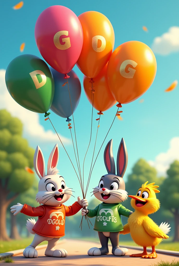 Cartoon or Looney Tunes characters wearing designer clothing, with a brand name on the clothes that says DGOLD KIDS.
And the characters hold balloons that say DGOLD KIDS
And the colorful balloons
And the colorful balloons and each balloon with a letter of the name DGOLD KIDS
