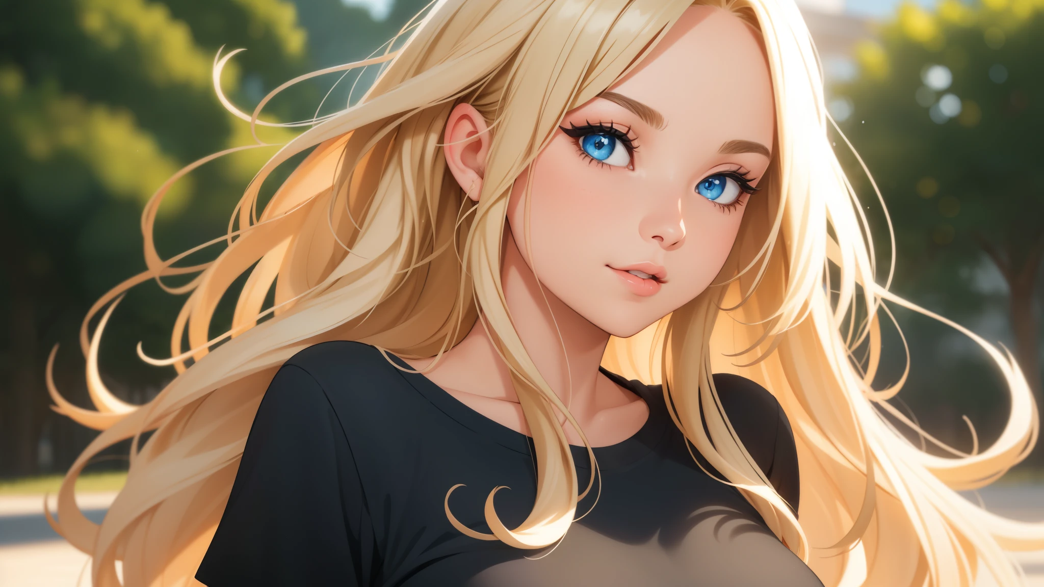 "Create a portrait of a young woman standing outdoors with a confident and warm expression. She has long, wavy blonde hair with a center parting, and she is wearing a simple black t-shirt. The background is a blurred, natural outdoor setting, with soft lighting highlighting her face. The overall mood of the image should be vibrant and engaging, capturing her bright blue eyes and natural makeup look. Ensure the composition focuses primarily on her upper body and face, with the background slightly out of focus to emphasize her features."