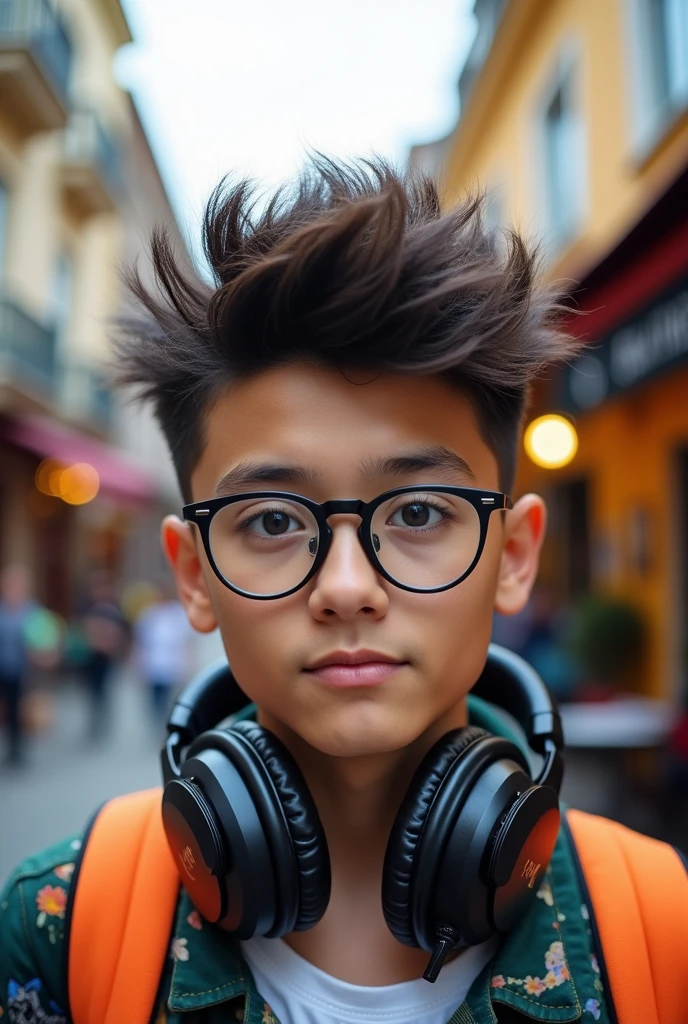 Young man with a fade haircut, spiky and messy hair, wearing glasses and headphones