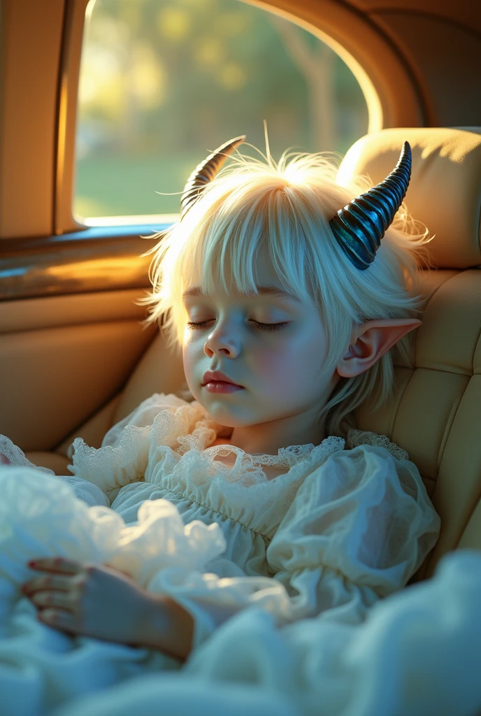 ((Masterpiece)), ((Best Quality)), 8K, HD, Super Detail, (Boy), (White dress studded with yellow gold rims), (blue skin, long hair, white hair, four eyes, golden eyes, androgynous, pointy ears, white medieval clothing, blue horns coming out of his forehead, messy bangs), (Expression closed eyes) (Sleeping in a car 1.6) (Full Body Display 1.4) The artwork is a masterpiece, with the best quality and super detail, captured in 8K HD. Photographic realistic, realistic, very detailed illustrations realistic, octane rendering