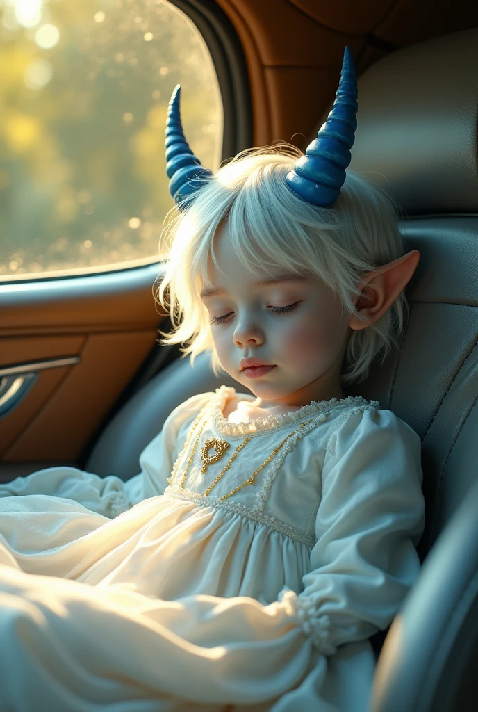 ((Masterpiece)), ((Best Quality)), 8K, HD, Super Detail, (Boy), (White dress studded with yellow gold rims), (blue skin, long hair, white hair, four eyes, golden eyes, androgynous, pointy ears, white medieval clothing, blue horns coming out of his forehead, messy bangs), (Expression closed eyes) (Sleeping in a car 1.6) (Full Body Display 1.4) The artwork is a masterpiece, with the best quality and super detail, captured in 8K HD. Photographic realistic, realistic, very detailed illustrations realistic, octane rendering