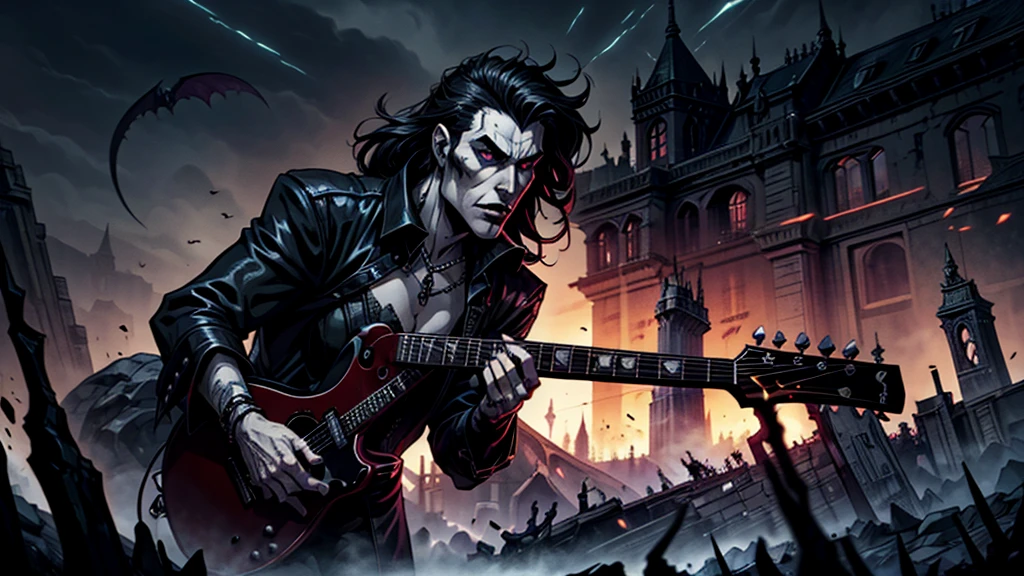 "Create a haunting, high-fantasy image of a vampire rockstar, fighting against a legion of undead creatures in a dark, gothic metropolis. A century-old vampire who traded his immortal soul for the power of rock 'n' roll. Your music has the power to awaken the spirits of the dead, and his guitar riffs can shatter the very foundations of the underworld.