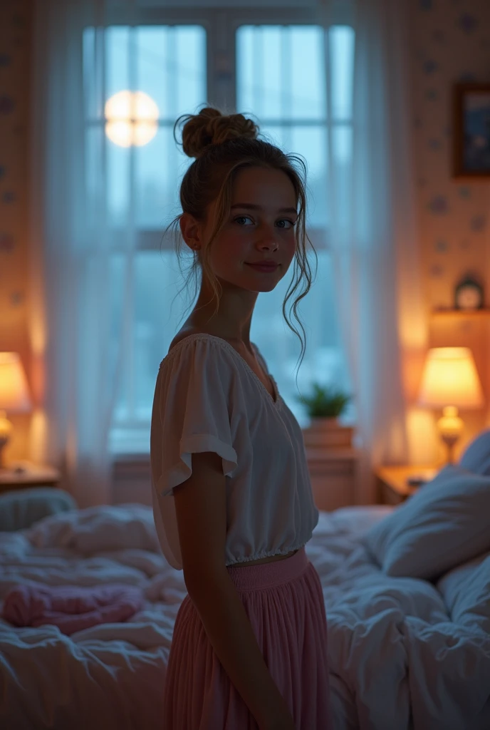 Eighteen year old, 18, youthful, skinny, slim, pale skin, white skin, naked, nude, full body in shot, nice bum, cute bum, bedroom, short height, blue eyes, pale eyes, looking at camera, British, girly bedroom, nighttime, late night, realistic, photorealistic, completely naked, completely nude, hair in bun, mouth closed, smiling, smile, soft nipples