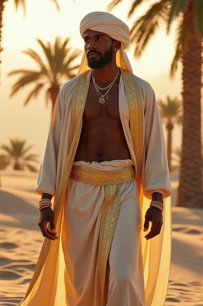 Dark-skinned prince with an Arabic style around 40 years old. In light clothing and a toned body