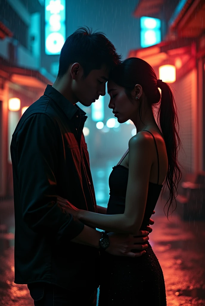 Asian couple in front of each other, the man kissing her on the forehead while stabbing her in the stomach