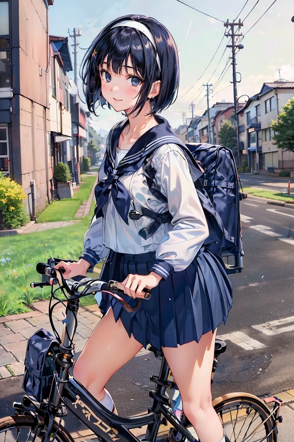 One Woman, (Beautiful woman, delicate:1.3), Black Hair, (bob cur:1.4), bangs, 8k, Highest quality, masterpiece, Very detailed, Ultra-high resolution, Realistic, RAW Photos, Absolute Resolution, Black Hair, (dark blue sailor uniform:1.4), (dark blue pleated skirt:1.4), (Realistic junior high school student:1.4), (White headband:1.4), Small breasts, expensive, Bright Blue Eyes, (In front of the school gate), smile, (standing pose:1.4), (one school bag on shoulder:1.4), (long skirt:1.4), slender female body, (Blur the background:1.4), (looking at the camera:1.4), (glossy hair), (get on a bicycle:1.4), (Sprint on a bicycle:1.4),