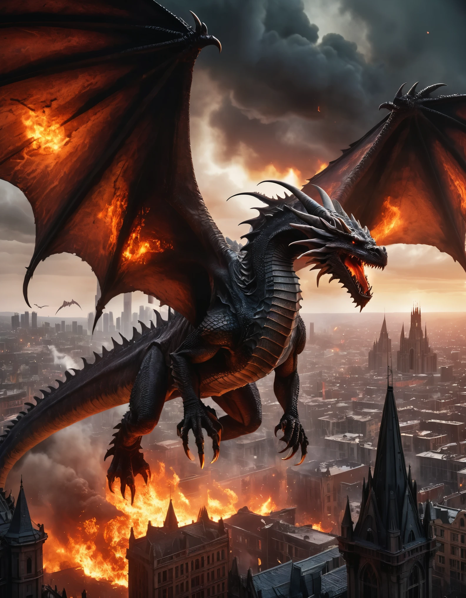Dramatic fantasy scene featuring a large, menacing dragon with dark, scaly skin and massive, outstretched wings. The dragon is flying over a burning city, with flames and smoke rising from the buildings below. The background is dominated by a dark, cloudy sky with a bright, fiery glow near the horizon, suggesting a setting sun or intense fire. The cityscape includes gothic-style architecture with tall spires and intricate details. The overall color palette is dark and ominous, with deep reds, oranges, and blacks creating a sense of destruction and chaos. super detail, high details, highres, 4K
