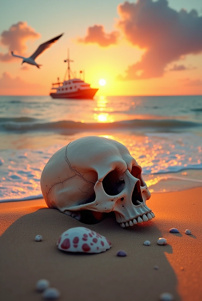 A skull sitting on the beach with a ship on the horizon
