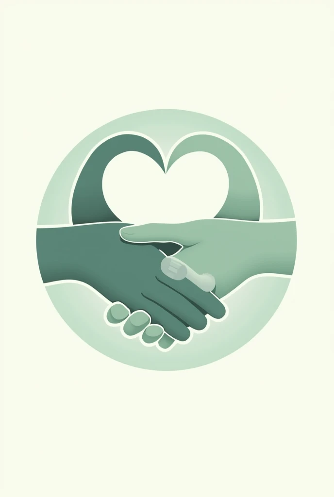 Two hands shaking hands that together form a heart. One of the hands has a injured finger, Well, it has a bandage. The image must be related to hand rehabilitation therapy. The colors must have tones according to health and rehabilitation. The image has to be a vector type to be used as a logo.