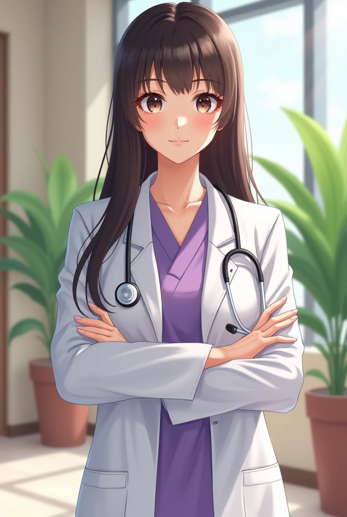 A doctor with dark brown hair, straight and sleek, wearing a doctor's coat with a purple-lilac uniform, a refined nose, a slender face, and Chinese eyes.