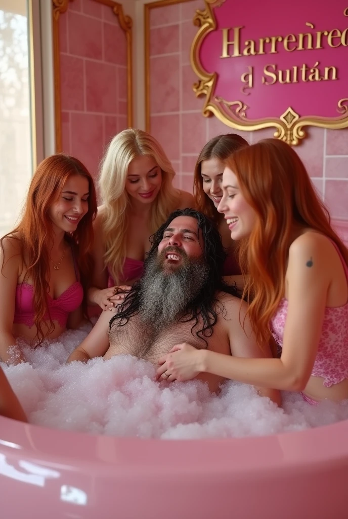 (photorealism:1.2), 4 extremely beautiful young harem girls, sexy nude, big breasts, Pretty beautiful perfect faces, blonde and redhead straight hair, light europea skin, bathing and tampering a bit chubby and very ugly man with long black and gray untrimmed beard, long black disheveled hair, open mouth with an extreme sexual pleasure expression on his face, moaning with extreme pleasure, in very large pink Jacuzzi in pink luxurious bathroom of pink Arabic palace, a beautiful pink sign "Harem del sultán" on the back wall, realistic, intricate details