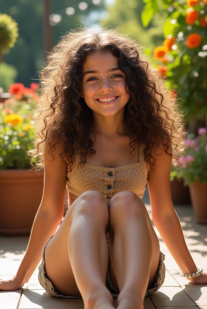 A brunette girl with curly hair and big breasts sits with her legs stretched out, taking a realistic photo
