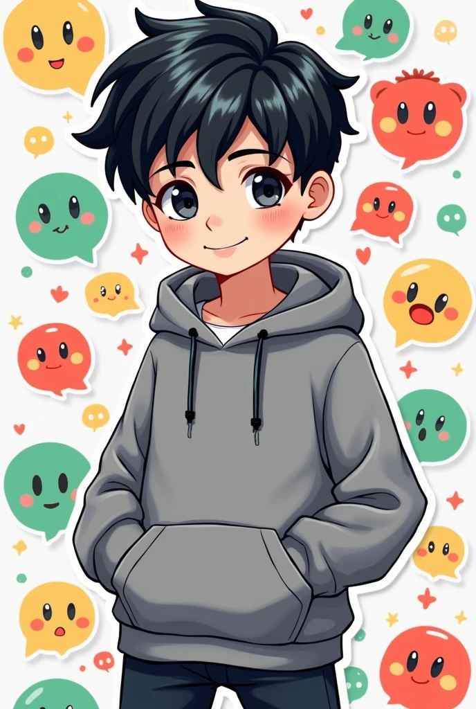 I want to create a series of stickers for WhatsApp and Discord where the character has white skin, black eyes, black hair, gray hoodie, he's a boy.