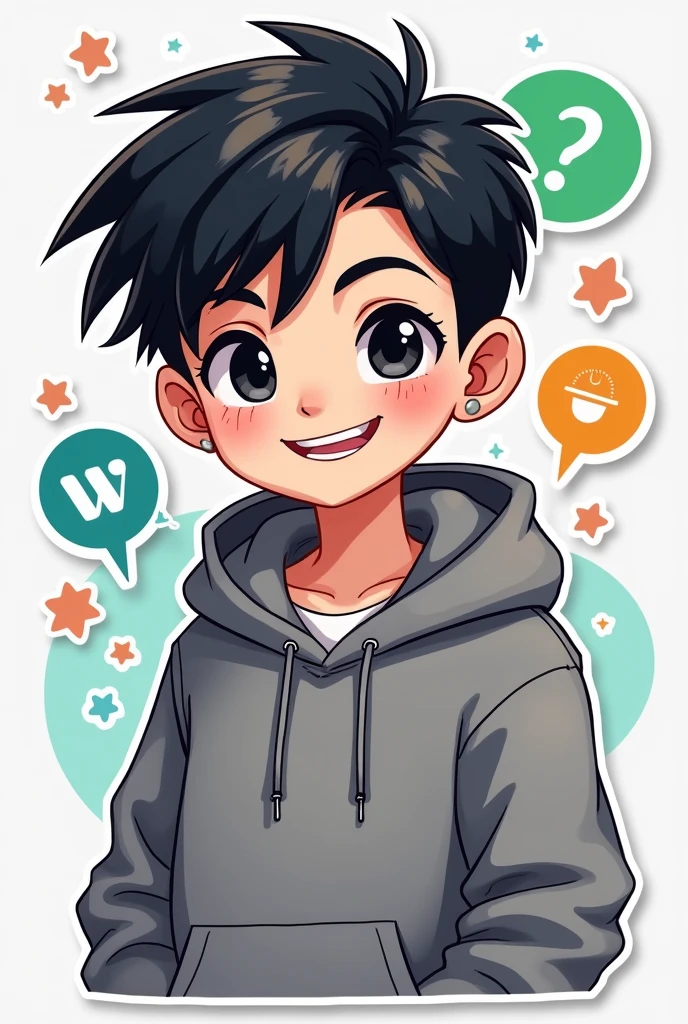 I want to create a series of stickers for WhatsApp and Discord where the character has white skin, black eyes, black hair, gray hoodie, he's a boy.