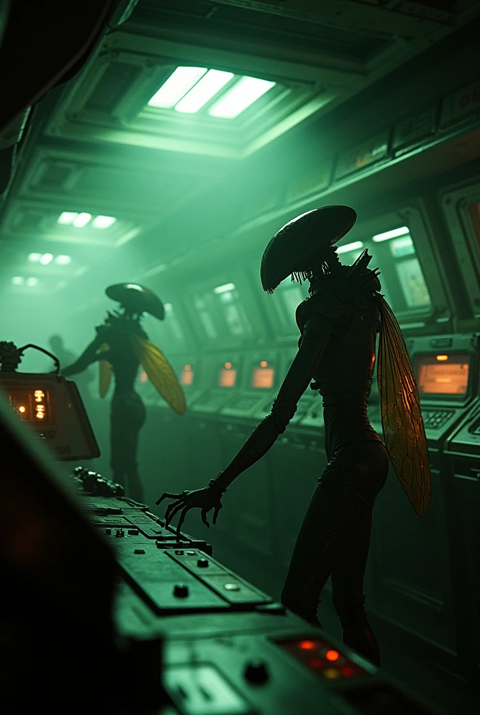 dark sci fi space ship interior nostromo, alien Prometheus movie style, slightly messy retro futurism realistic cockpit bridge hazy atmosphere with green insectoid dragonfly humanoids manning turret stations