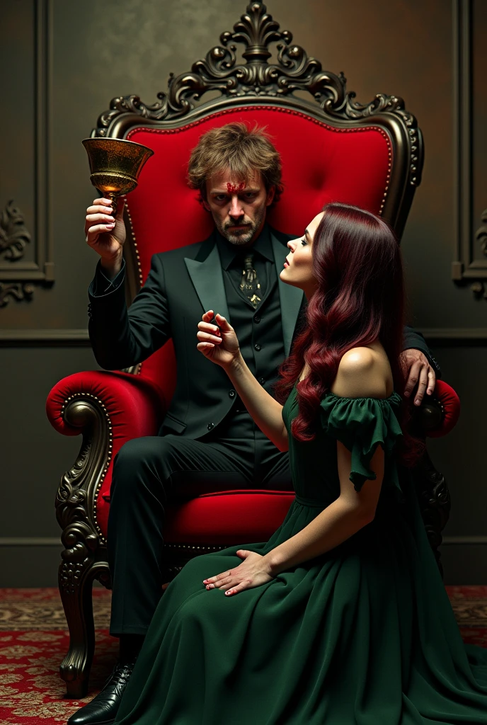 I want an image like this 
"In this scene, we have a man with brown hair sitting on a red throne, wearing a black suit and holding a chalice. your mouth is covered in blood, indicating a shadowy image. Next to you, a woman is found kneeling, extending the severed fist, dripping blood. The man fills the chalice in his hand, with the woman's fist covered in a golden color. The woman is beautiful, with almost black wine-colored hair and she wears a moss green dress."
