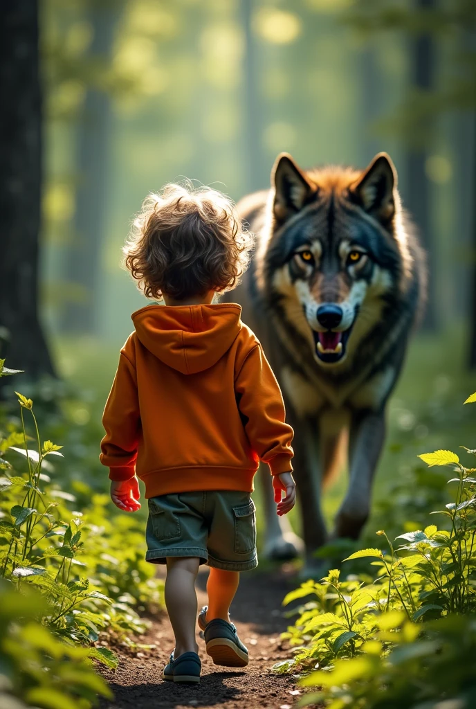 a , with wavy hair, orange bag with a hood and shorts , He was walking when he came across a fierce and evil wolf.  (deceived