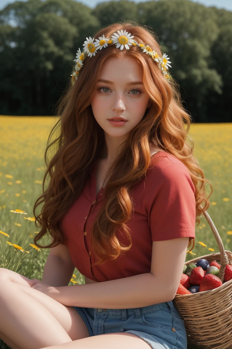 11yo girl without clothing , pink nipples, tiny boobies, alone, (long ginger curly hair:1.1), brown eyes, Wearing a daisy wreath on your head, Sit in a daisy field, (fruit basket:1.1),raw,photographic,photo shadows,actual,Ridiculous,Aesthetic,elegant, bare skin, birthday suite, bare bum, knees open wide, creampie, youthful young features, 
