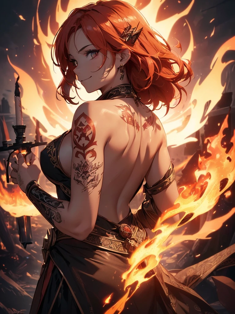 (((best quality, sharp image, clear image, cinematic lighting, 8k resolution, masterpiece, ultra detailed, intricate))) Girl, (((looking over left shoulder))), (shot from behind), fire mage, ((intricate background)), ((chaotic background)), red hair, smiling, ((flame runes, flame sigils)), (tatoo on back)