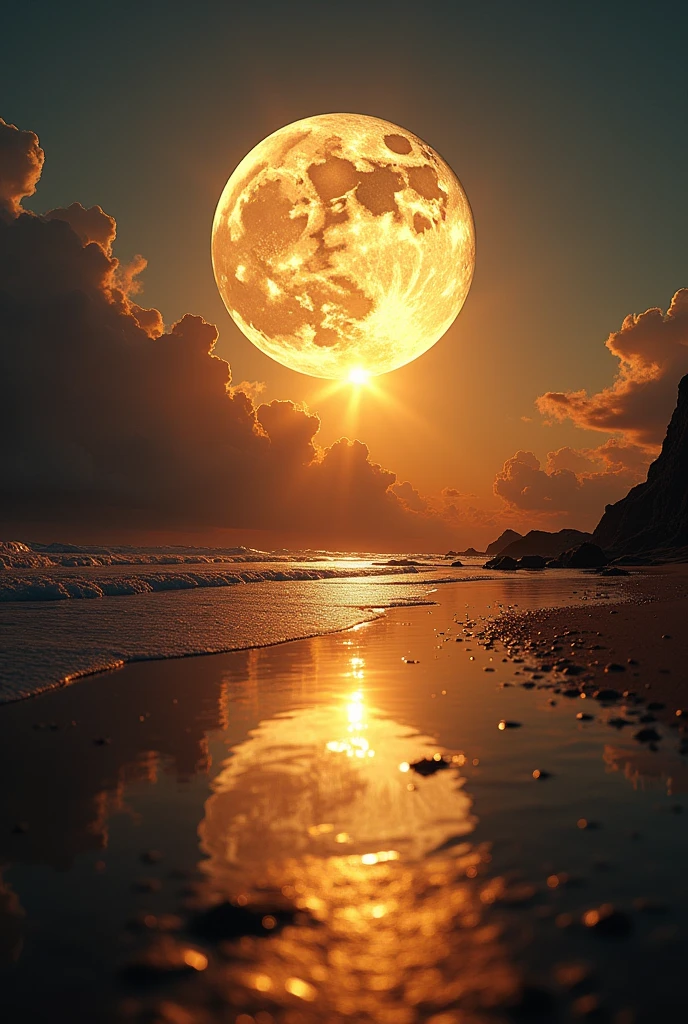 Écrire en majuscule. CESLESTY couleur or
Sur la planète terre et la Lune qui brille fort et le soleil à son zénith dans l'océan
