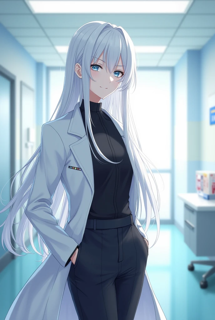 Tsuke is a tall man, pale skinned, blue eyes and long white hair with strands falling over her shoulders. His hair is parted in a fringe that covers his left eye and he always has a slight, gentle smile on his face.. He wears a black blouse, a white coat on top, black pants and black shoes. Tsuke's face is slightly feminine.. Tsuke is in a hospital, because he is a professional nurse.