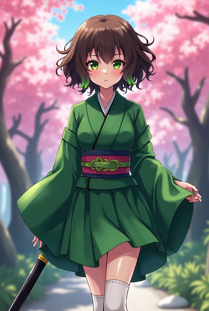 Full Demon Slayer background: Kimetsu no yaiba. short girl, brown curly hair with green streaks down to the thighs, green eye, black eye, green kimono, white bandage stockings and black katana