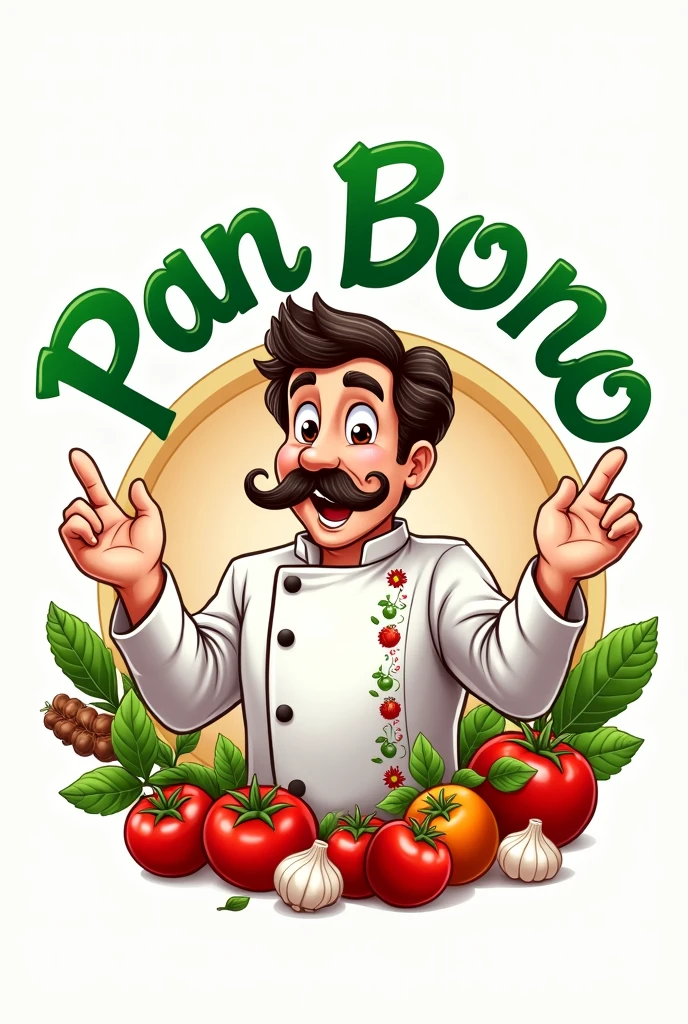 Create a logo with an Italian chef with a mustache, smiling and gesturing with his hand, that says 'pan bono'.