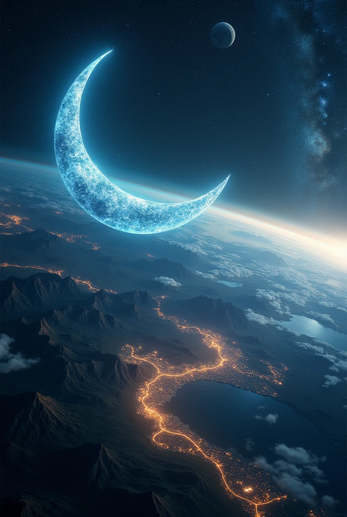 The distant future of planet Earth. A giant space station the size of its planet, shaped like a crescent moon, flies through space.. Flying over that part of the earth, where it's night now. This station is fixed at the north and south poles of the planet by its edges. It has all the same things, as on Earth - cities, nature, Mountains & Seas. Turns out to be the second floor of the planet.  Detailed Terrain. Detailed space