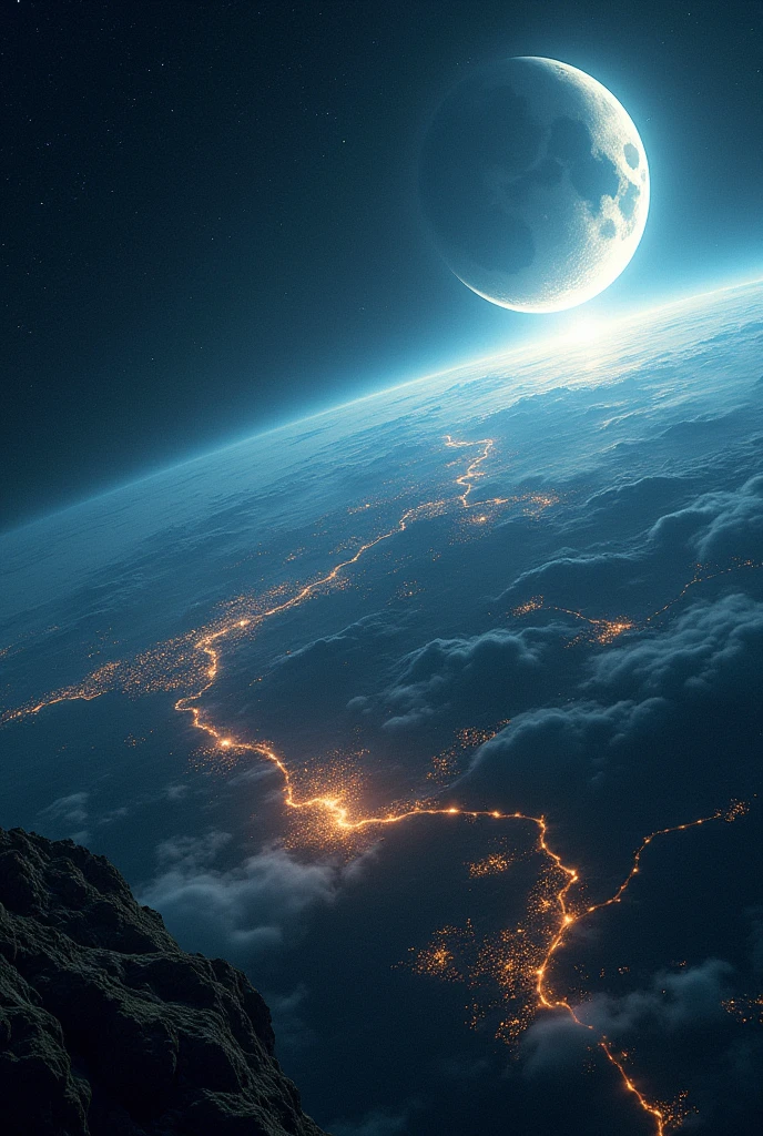 The distant future of planet Earth. A giant space station the size of its planet, shaped like a crescent moon, flies through space.. Flying over that part of the earth, where it's night now. This station is fixed at the north and south poles of the planet by its edges. It has all the same things, as on Earth - cities, nature, Mountains & Seas. Turns out to be the second floor of the planet. Detailed Terrain. Detailed space